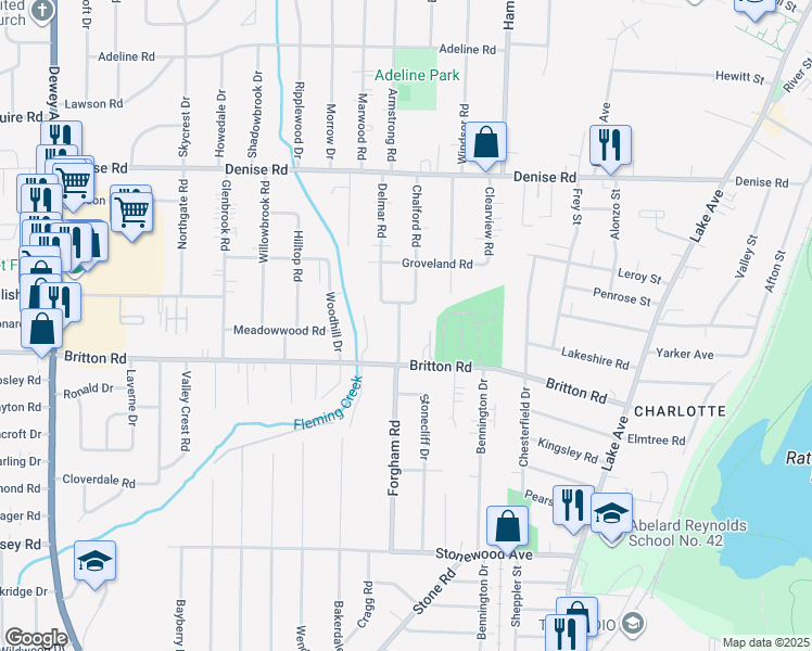 map of restaurants, bars, coffee shops, grocery stores, and more near 313 Forgham Road in Rochester