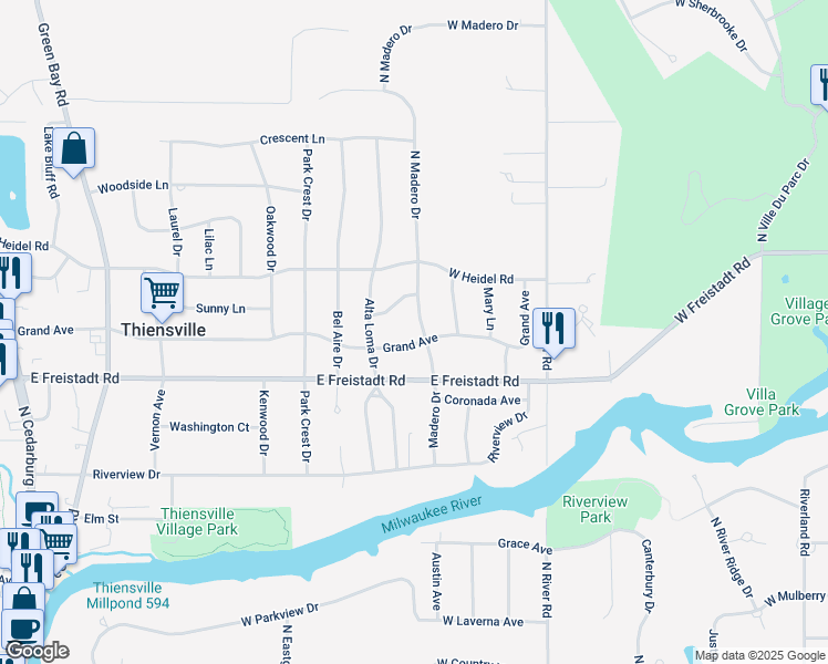 map of restaurants, bars, coffee shops, grocery stores, and more near 401 Madero Drive in Thiensville