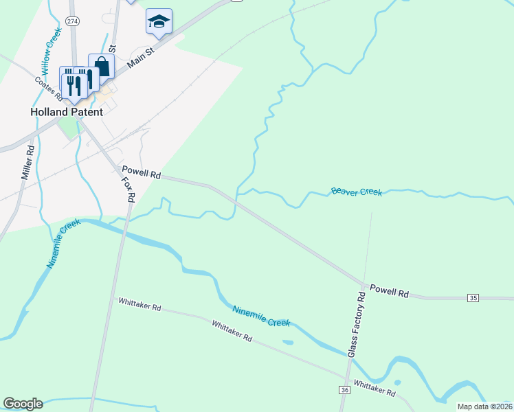 map of restaurants, bars, coffee shops, grocery stores, and more near 9699 Powell Rd in Holland Patent