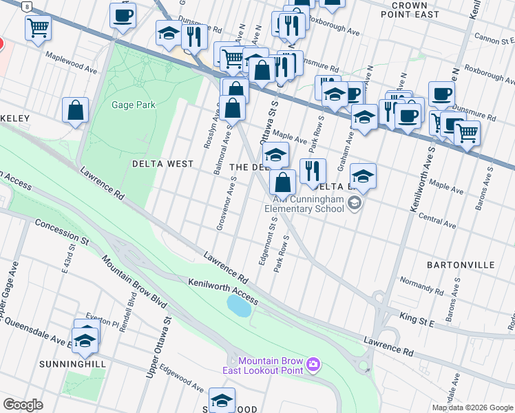 map of restaurants, bars, coffee shops, grocery stores, and more near 162 London Street South in Hamilton