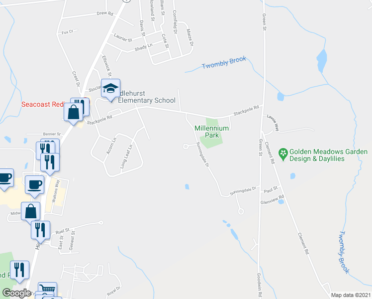 map of restaurants, bars, coffee shops, grocery stores, and more near 7 Firefly Circle in Somersworth
