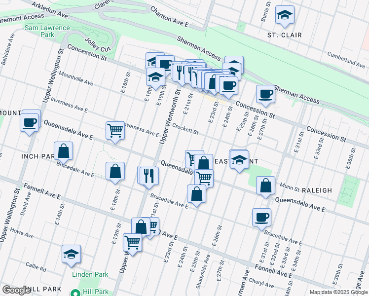 map of restaurants, bars, coffee shops, grocery stores, and more near 128 East 22nd Street in Hamilton