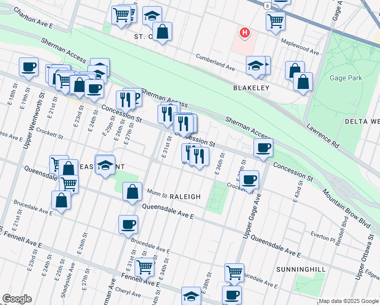 map of restaurants, bars, coffee shops, grocery stores, and more near 25 East 33rd Street in Hamilton