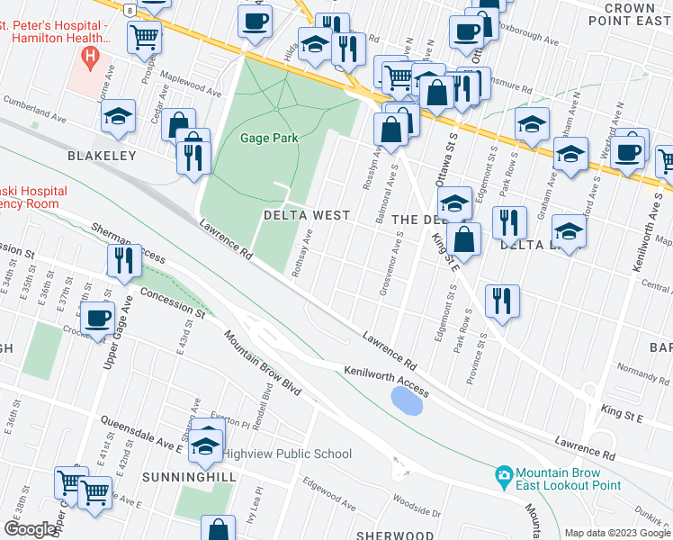 map of restaurants, bars, coffee shops, grocery stores, and more near 180 Rosslyn Avenue South in Hamilton