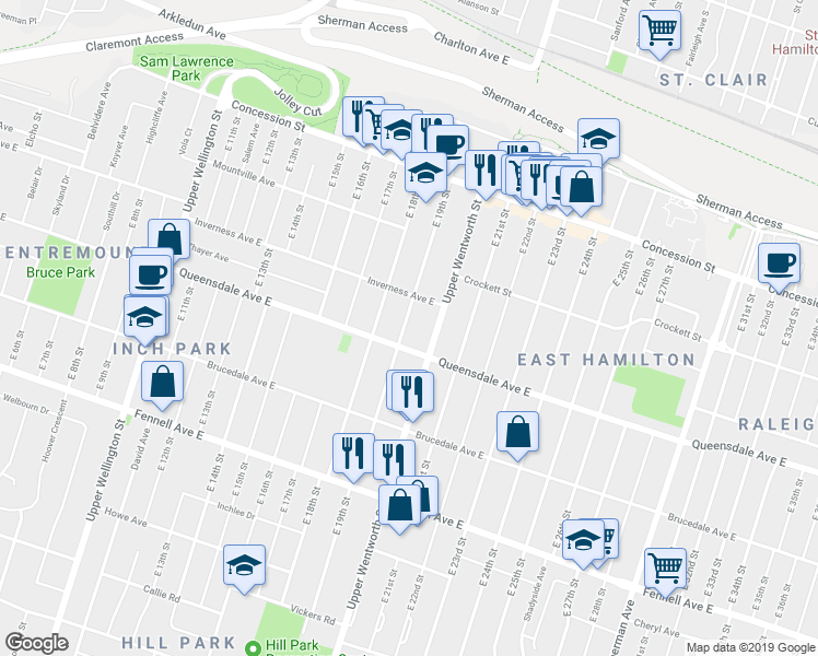 map of restaurants, bars, coffee shops, grocery stores, and more near 183 East 19th Street in Hamilton