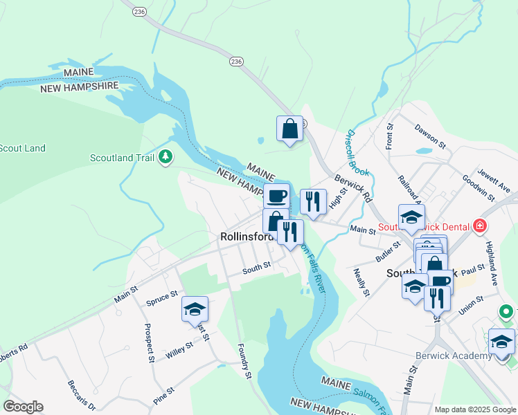 map of restaurants, bars, coffee shops, grocery stores, and more near 477 Church Street in Rollinsford