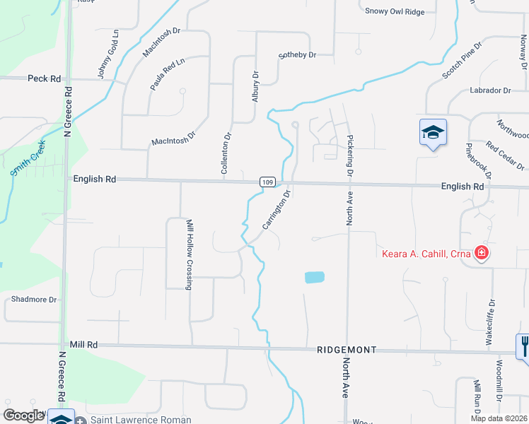 map of restaurants, bars, coffee shops, grocery stores, and more near 17 Carrington Drive in Rochester