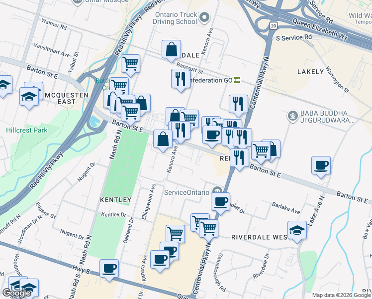 map of restaurants, bars, coffee shops, grocery stores, and more near 262 Kenora Avenue in Hamilton