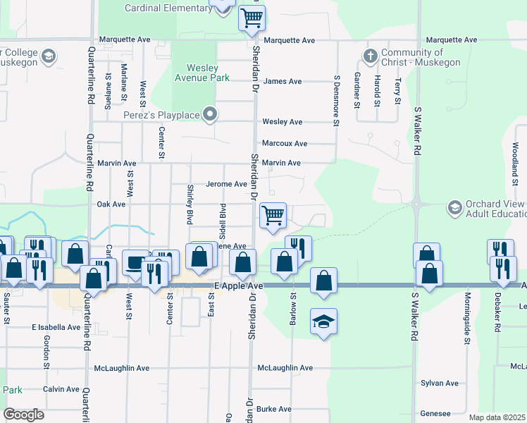 map of restaurants, bars, coffee shops, grocery stores, and more near 834 South Sheridan Drive in Muskegon
