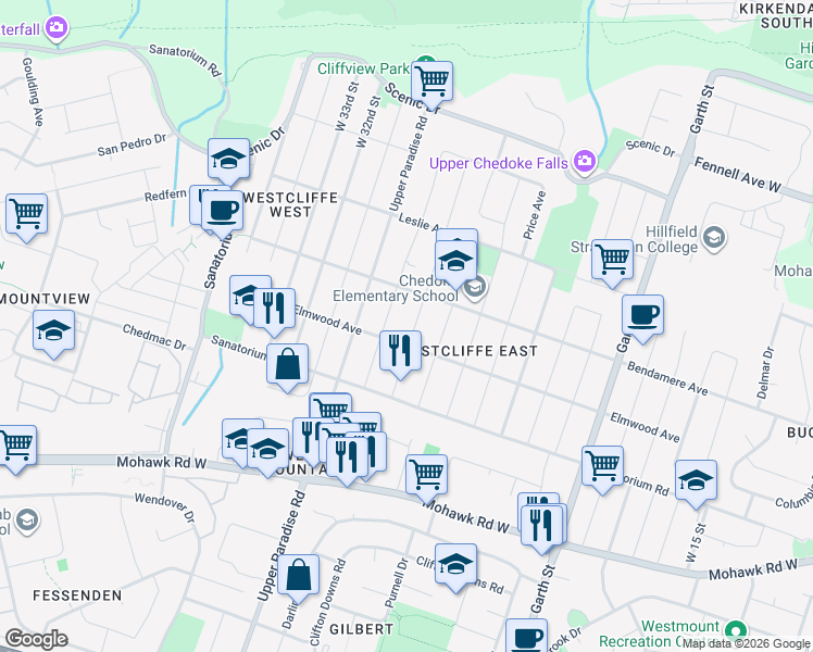 map of restaurants, bars, coffee shops, grocery stores, and more near 144 West 27th Street in Hamilton
