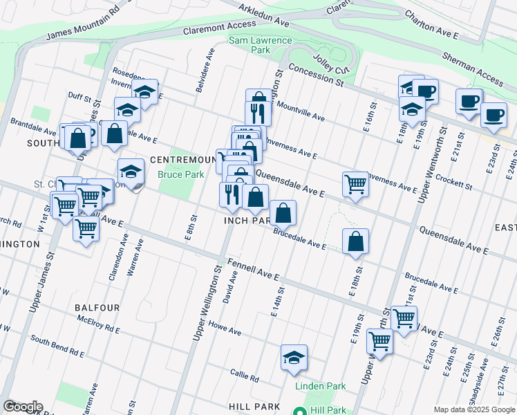 map of restaurants, bars, coffee shops, grocery stores, and more near 215 East 11th Street in Hamilton