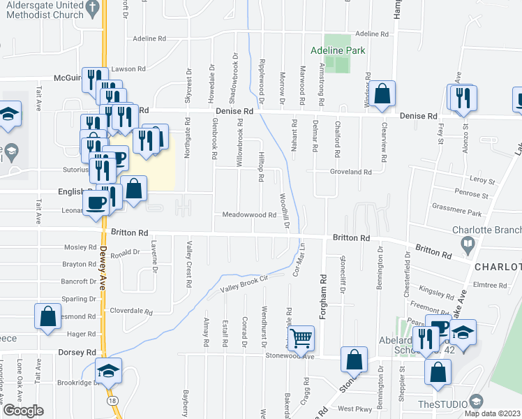 map of restaurants, bars, coffee shops, grocery stores, and more near 27 Hilltop Road in Rochester
