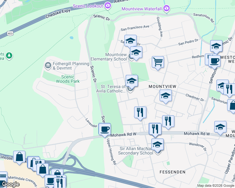 map of restaurants, bars, coffee shops, grocery stores, and more near 52 Aterno Drive in Hamilton