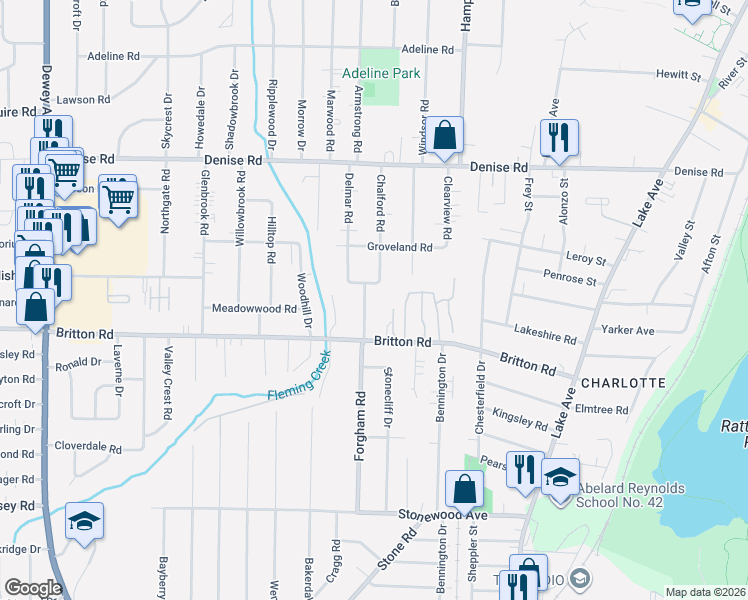 map of restaurants, bars, coffee shops, grocery stores, and more near 313 Forgham Road in Rochester