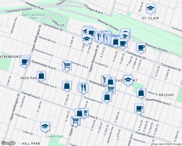 map of restaurants, bars, coffee shops, grocery stores, and more near 463 Upper Wentworth Street in Hamilton