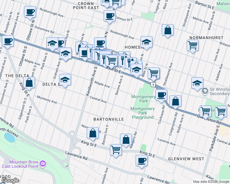 map of restaurants, bars, coffee shops, grocery stores, and more near 34 Barons Avenue South in Hamilton