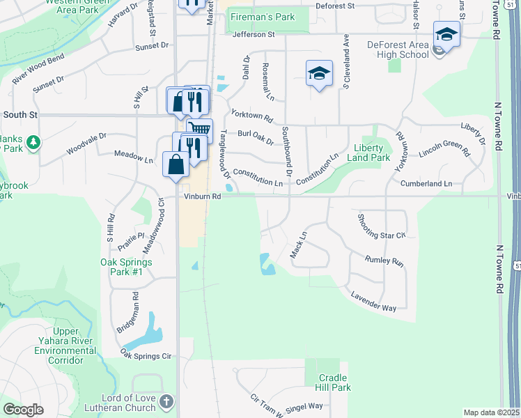 map of restaurants, bars, coffee shops, grocery stores, and more near 806 Nash Ln in DeForest
