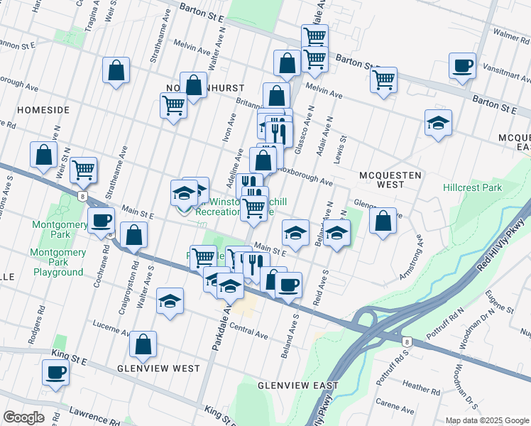 map of restaurants, bars, coffee shops, grocery stores, and more near 1170 Dunsmure Road in Hamilton