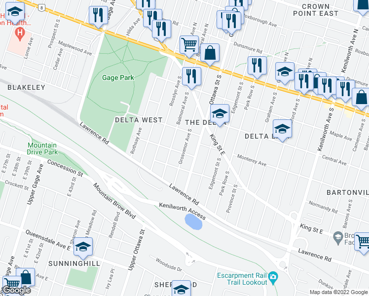 map of restaurants, bars, coffee shops, grocery stores, and more near 177 Grosvenor Avenue South in Hamilton