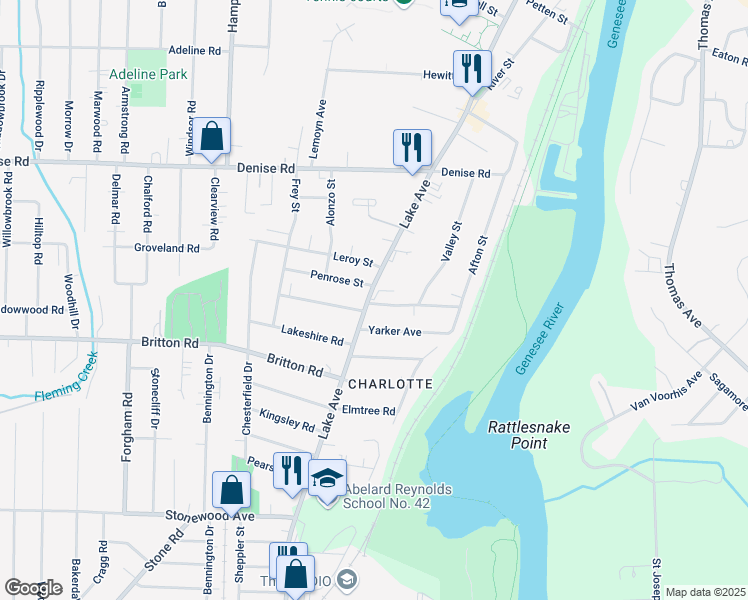 map of restaurants, bars, coffee shops, grocery stores, and more near 3673 Lake Avenue in Rochester