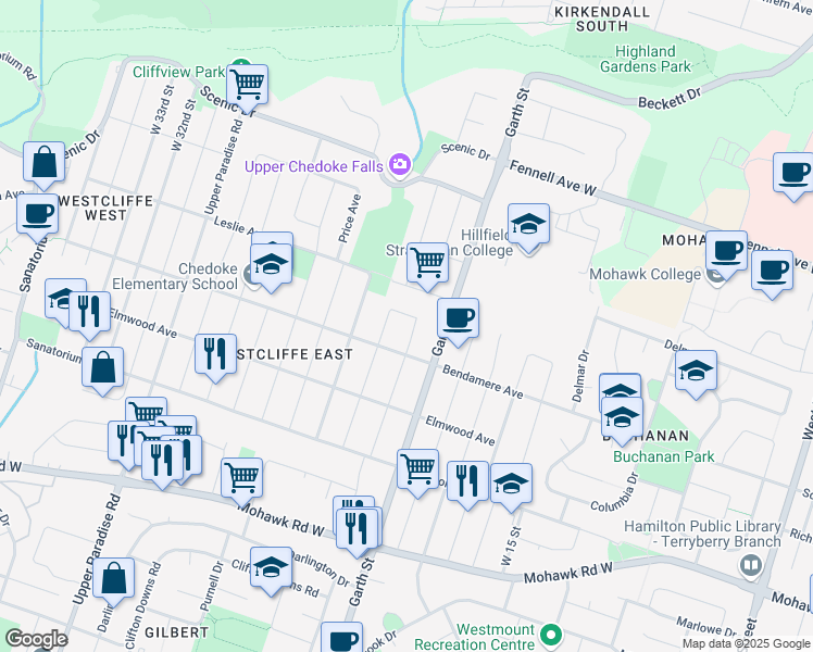 map of restaurants, bars, coffee shops, grocery stores, and more near 15 Fisher Crescent in Hamilton