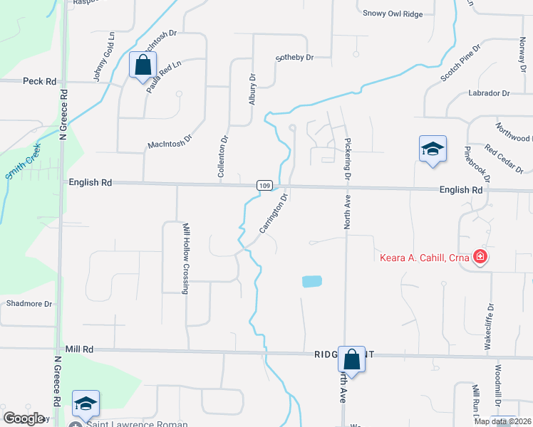 map of restaurants, bars, coffee shops, grocery stores, and more near 17 Carrington Drive in Rochester