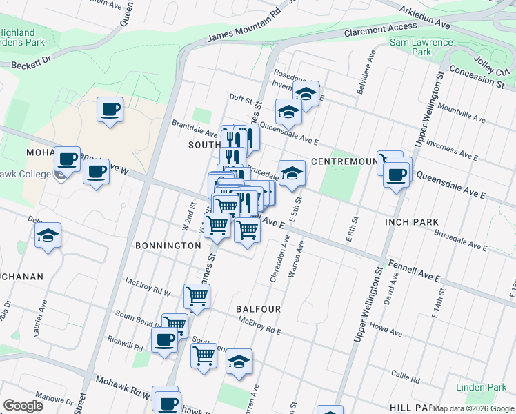 map of restaurants, bars, coffee shops, grocery stores, and more near 45 Fennell Avenue East in Hamilton