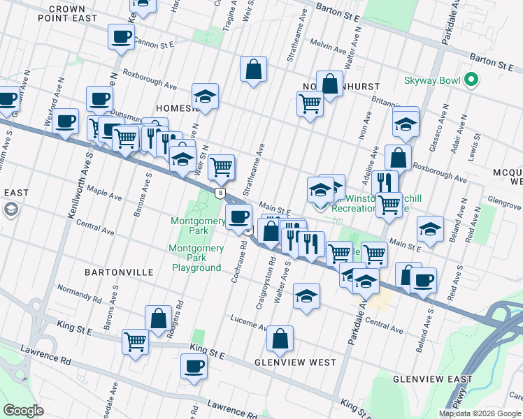 map of restaurants, bars, coffee shops, grocery stores, and more near 1646 Main Street East in Hamilton
