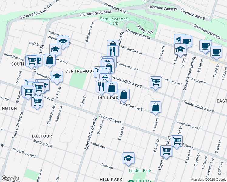 map of restaurants, bars, coffee shops, grocery stores, and more near 211 East 11th Street in Hamilton