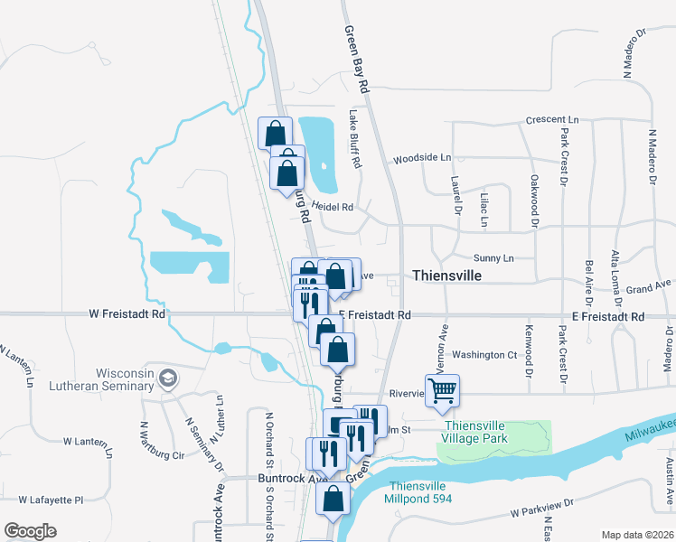 map of restaurants, bars, coffee shops, grocery stores, and more near 106 Grand Avenue in Thiensville