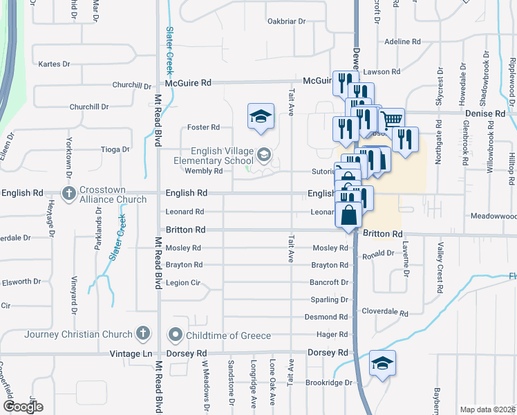 map of restaurants, bars, coffee shops, grocery stores, and more near 227 Leonard Road in Rochester