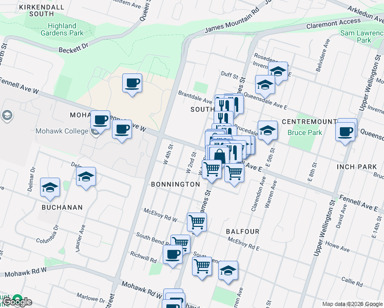 map of restaurants, bars, coffee shops, grocery stores, and more near in Hamilton