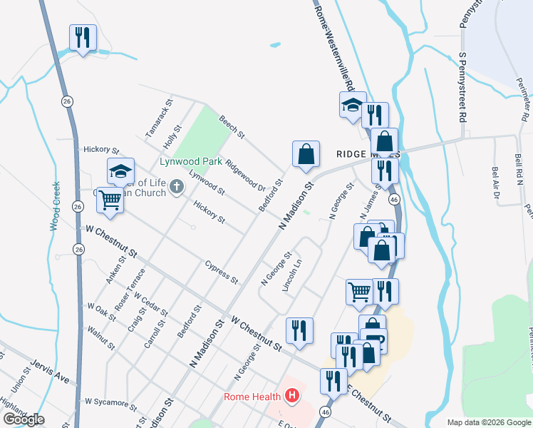 map of restaurants, bars, coffee shops, grocery stores, and more near 1914 Bedford Street in Rome