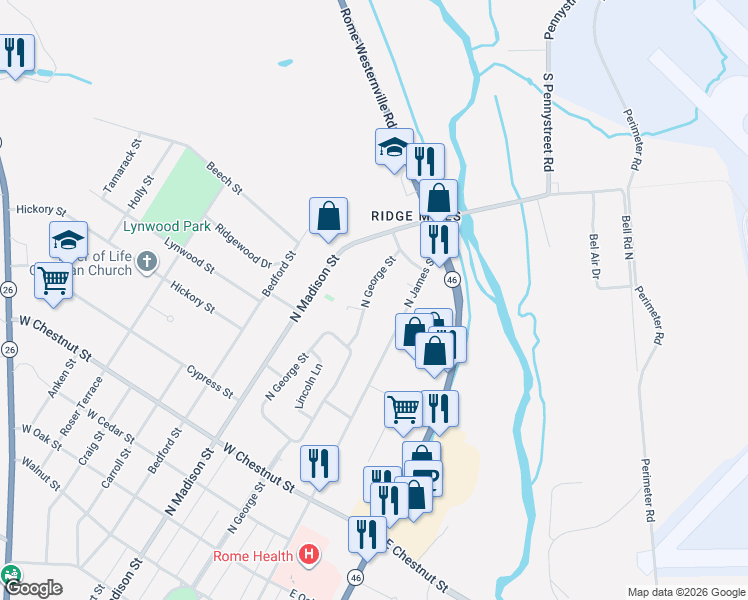 map of restaurants, bars, coffee shops, grocery stores, and more near 1810 North George Street in Rome