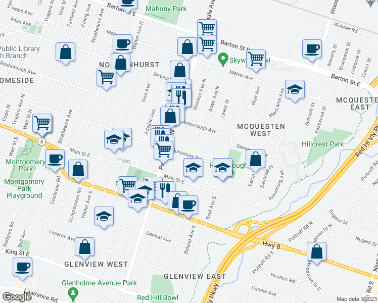 map of restaurants, bars, coffee shops, grocery stores, and more near 1197 Dunsmure Road in Hamilton