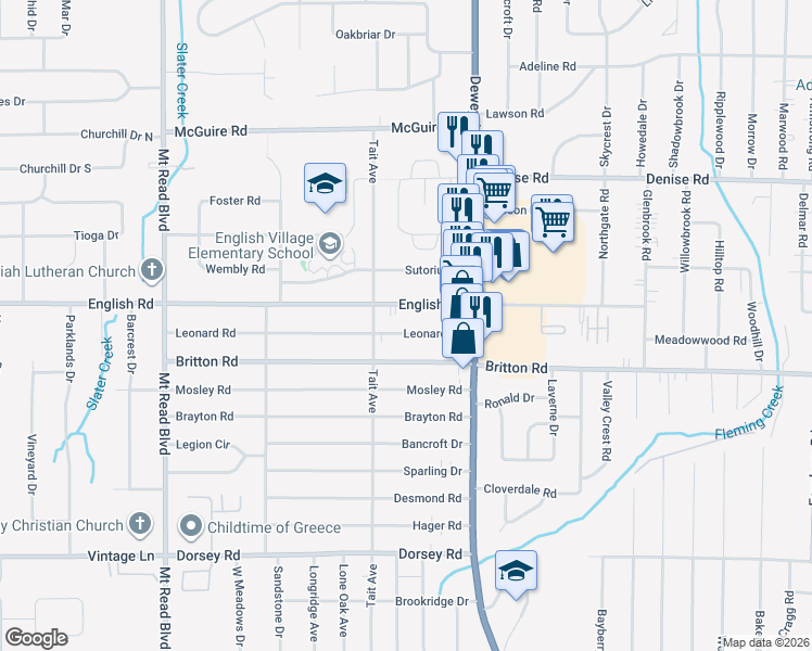 map of restaurants, bars, coffee shops, grocery stores, and more near 92 Leonard Road in Rochester