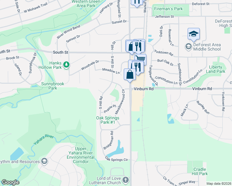 map of restaurants, bars, coffee shops, grocery stores, and more near 4495 Meadowwood Circle in DeForest