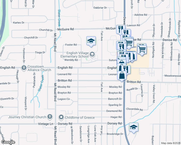 map of restaurants, bars, coffee shops, grocery stores, and more near 227 Leonard Road in Rochester