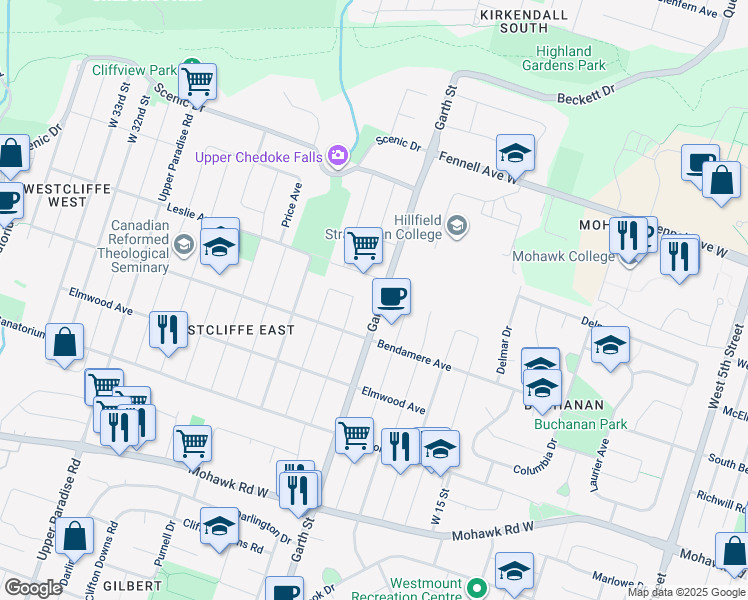 map of restaurants, bars, coffee shops, grocery stores, and more near 808 Garth Street in Hamilton