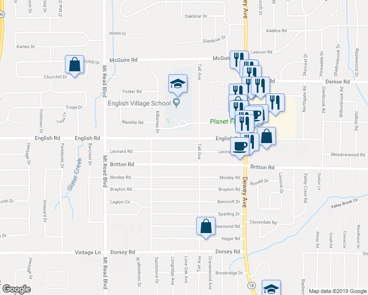 map of restaurants, bars, coffee shops, grocery stores, and more near 188 Leonard Road in Rochester