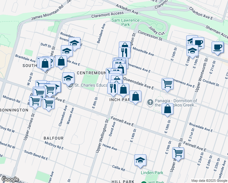 map of restaurants, bars, coffee shops, grocery stores, and more near in Hamilton