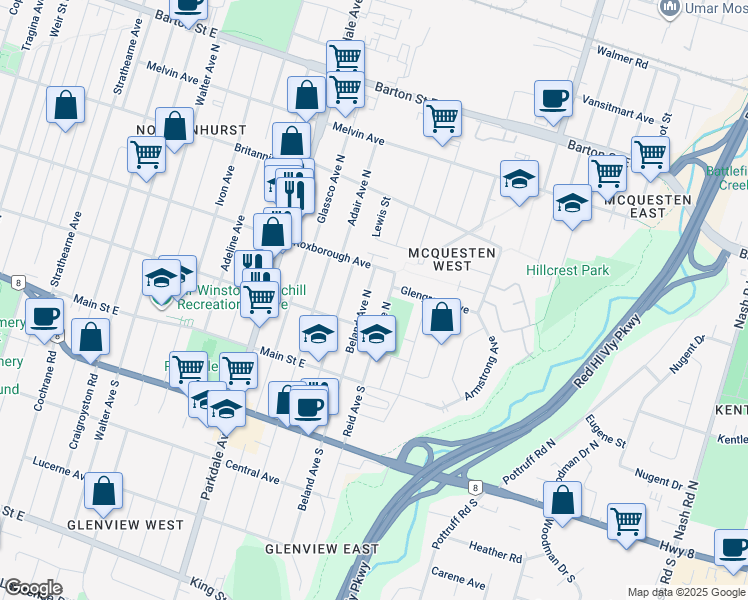 map of restaurants, bars, coffee shops, grocery stores, and more near in Hamilton