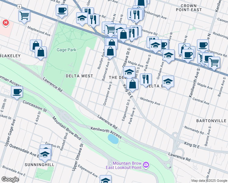 map of restaurants, bars, coffee shops, grocery stores, and more near 177 Grosvenor Avenue South in Hamilton