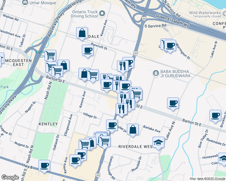 map of restaurants, bars, coffee shops, grocery stores, and more near 247 Centennial Parkway North in Hamilton