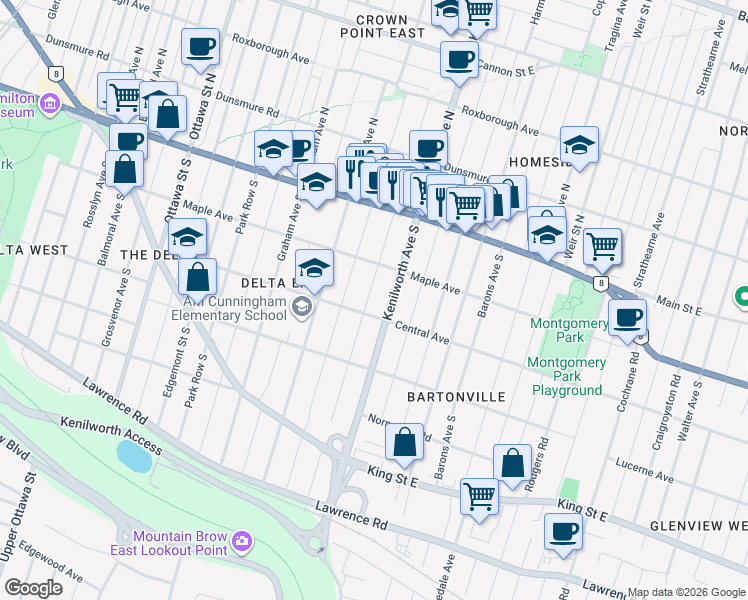 map of restaurants, bars, coffee shops, grocery stores, and more near 95 Tuxedo Avenue South in Hamilton