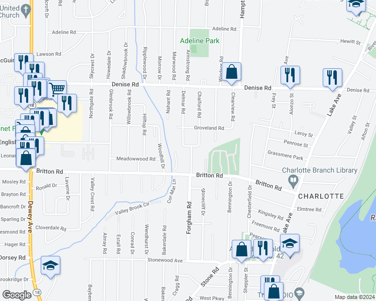 map of restaurants, bars, coffee shops, grocery stores, and more near 334 Forgham Road in Rochester