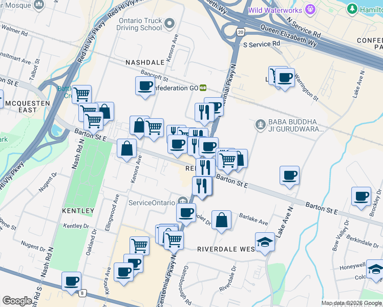map of restaurants, bars, coffee shops, grocery stores, and more near 247 Centennial Parkway North in Hamilton