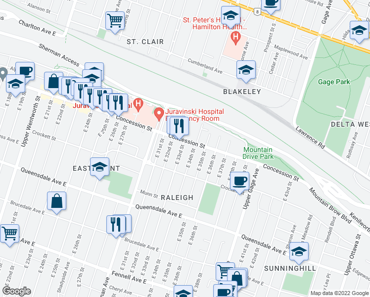 map of restaurants, bars, coffee shops, grocery stores, and more near in Hamilton