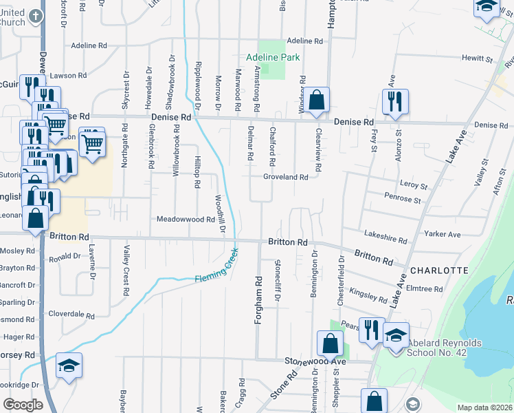 map of restaurants, bars, coffee shops, grocery stores, and more near 334 Forgham Road in Rochester