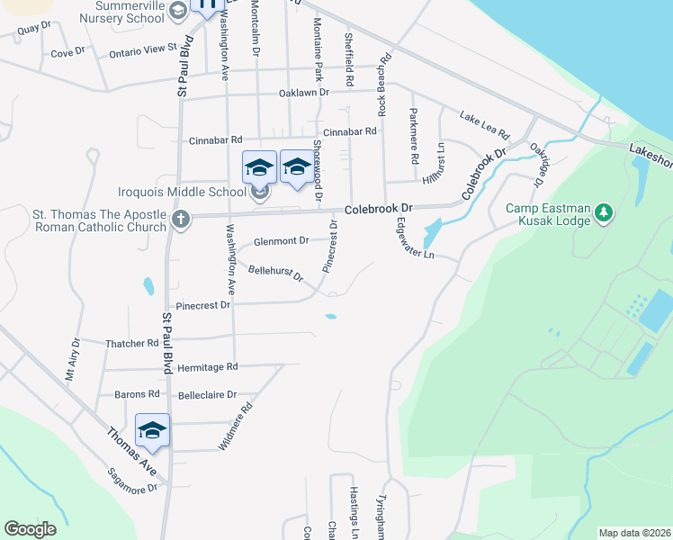 map of restaurants, bars, coffee shops, grocery stores, and more near 269 Pinecrest Drive in Rochester